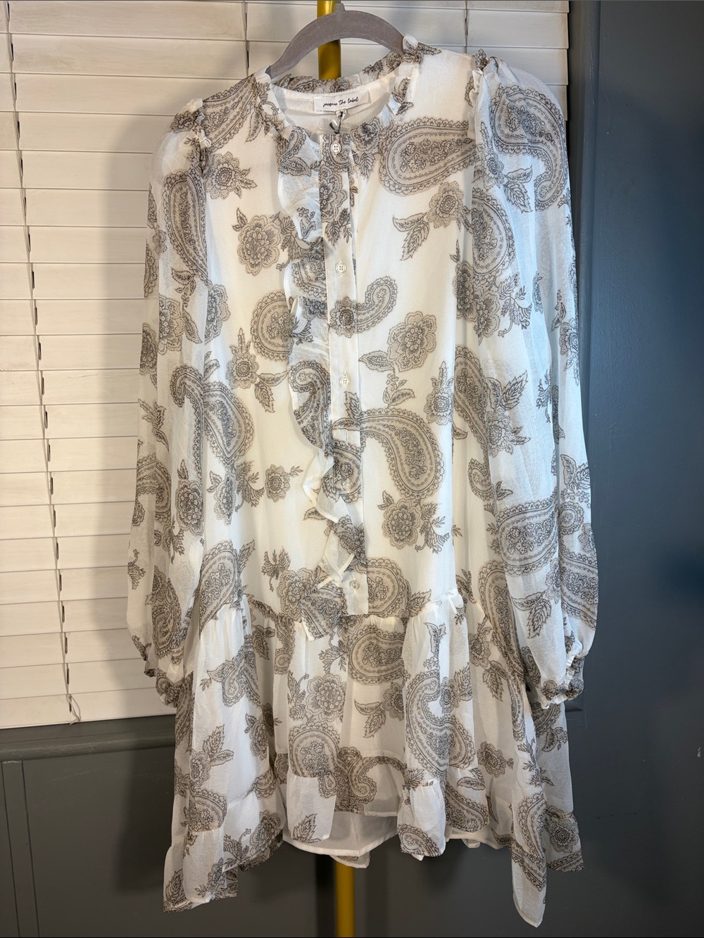Jacqui E White Paisley Ruffle Tiered Long Sleeve Mini Dress